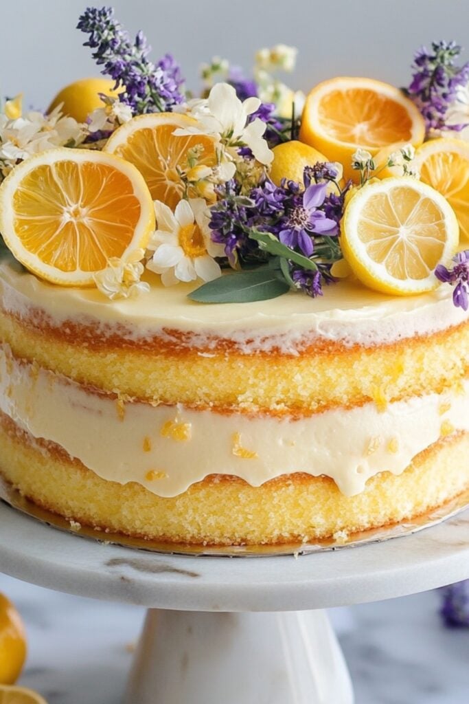 A spring-inspired lemon wedding cake with layers of lemon sponge, lemon curd, and cream cheese frosting, topped with candied lemon slices and edible flowers.
