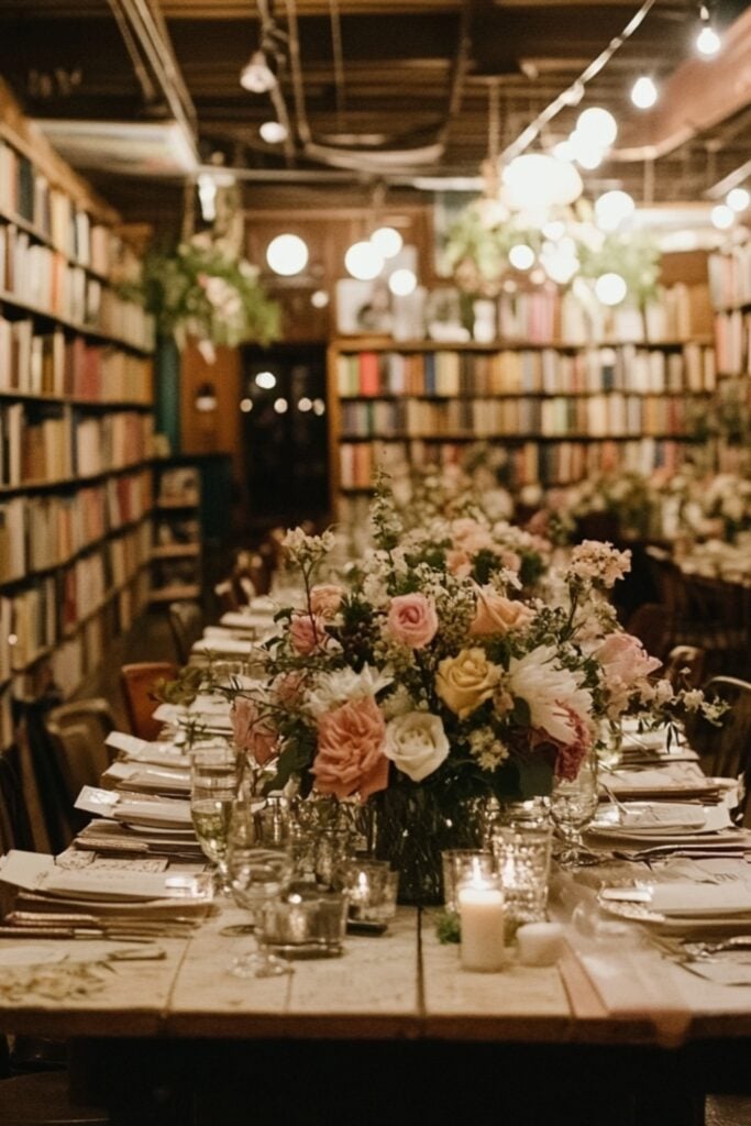 A wedding celebration in a charming bookstore surrounded by shelves of vintage books and literary-inspired decor.