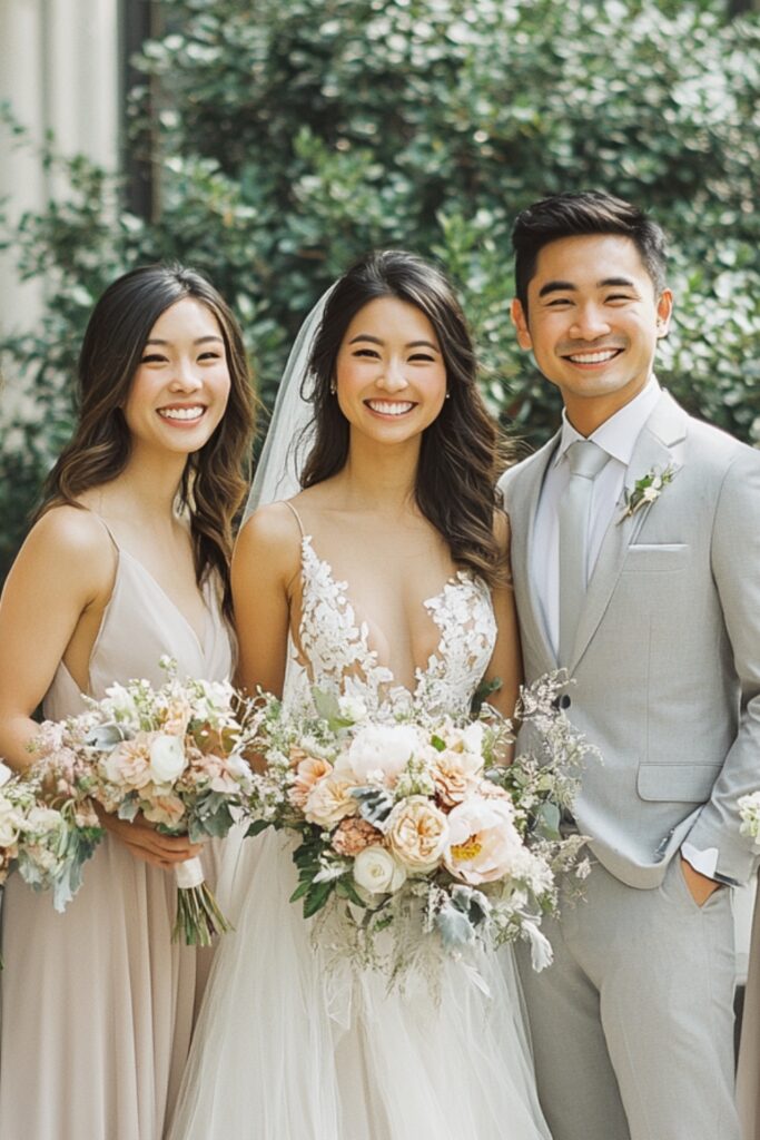A bride in a flowing chiffon gown with floral lace detailing, standing alongside bridesmaids in pastel-colored dresses and a groom in a light gray suit.
