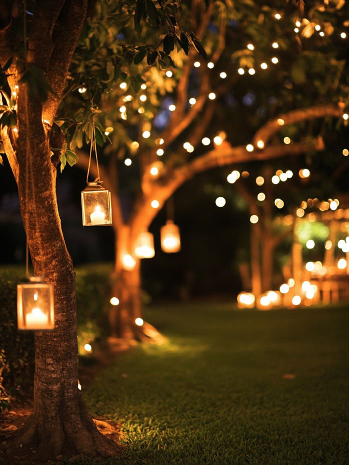 Warm, ambient lighting such as string lights, lanterns, and candles creating a magical atmosphere at a backyard wedding reception during the evening.