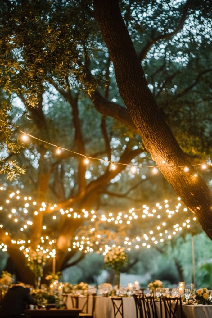 Twinkling string lights hanging between trees, illuminating a romantic backyard wedding setting as dusk falls.