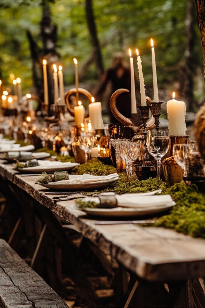 Long wooden feast tables set with horn goblets, candles, and moss accents, evoking traditional Viking wedding decor ideas.