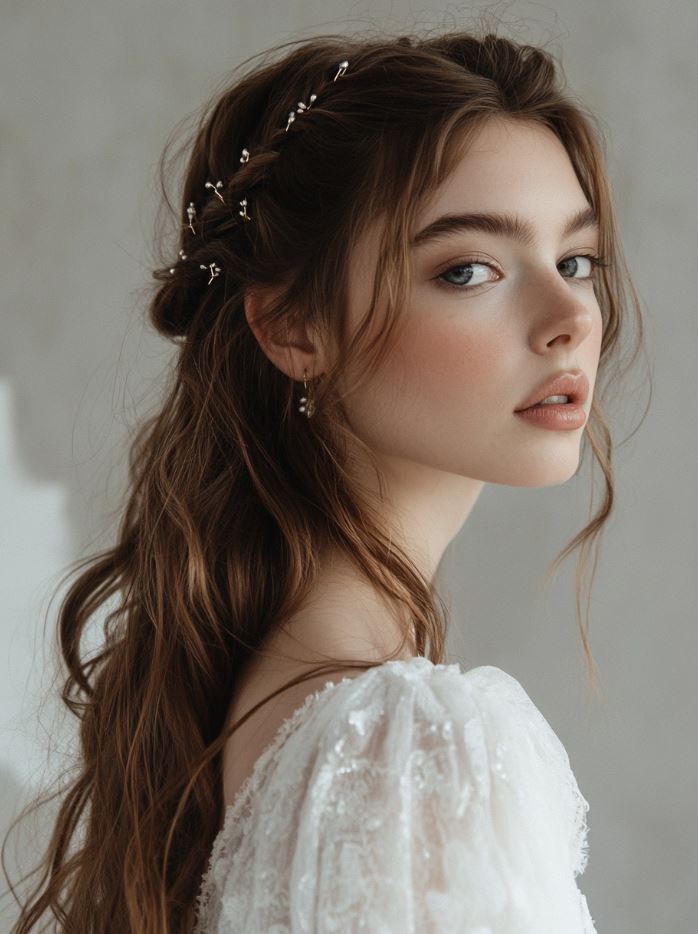 Bridal hairstyle featuring flowing loose waves with small braided accents, enhanced with metallic hairpins, embodying a romantic and Nordic-inspired look.