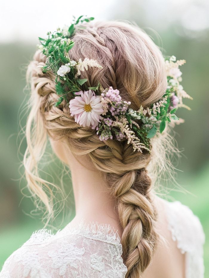 A soft and romantic loose braided crown adorned with wildflowers or greenery, reflecting Viking traditions and adding an organic touch to a bridal hairstyle.