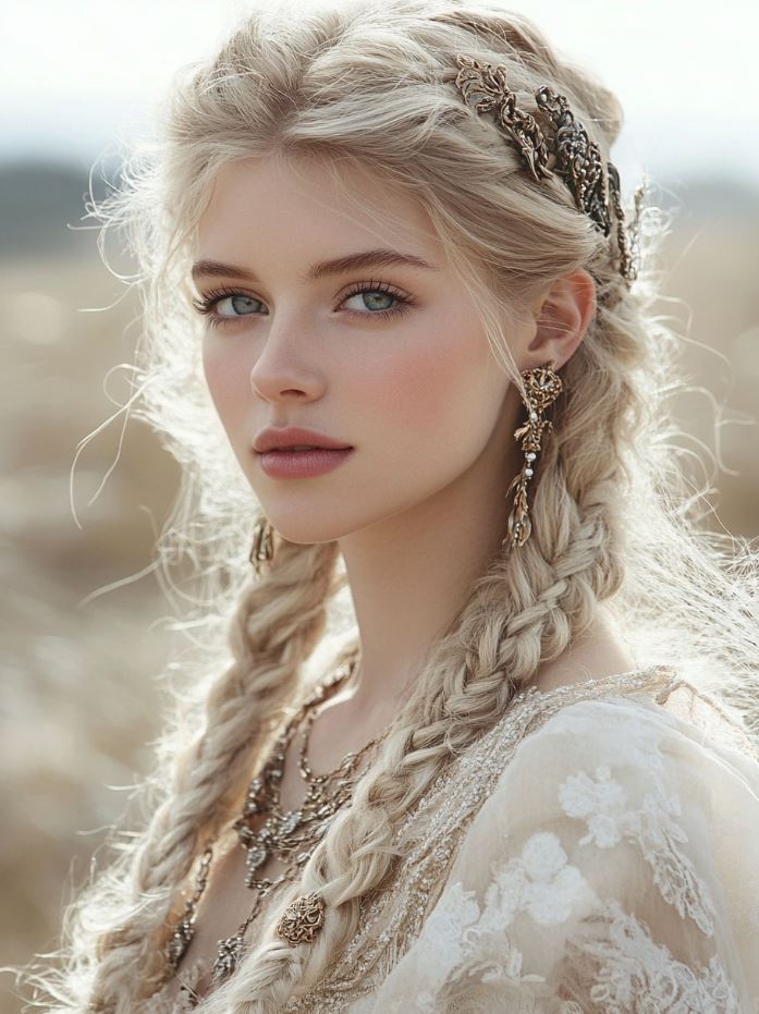 Romantic loose curls with delicate side braids, accessorized with metallic hairpieces, offering a soft yet striking Viking bridal hairstyle.