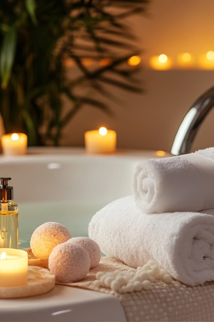 A luxurious bath set displayed with bath bombs, candles, essential oils, and fluffy white towels arranged next to a spa-like bathtub.