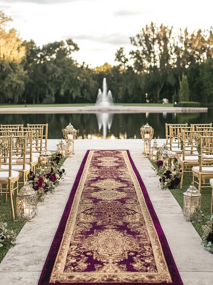 Opulent velvet wedding aisle runner in rich jewel tones, paired with gold or silver accents, creating a regal and luxurious atmosphere for the ceremony.