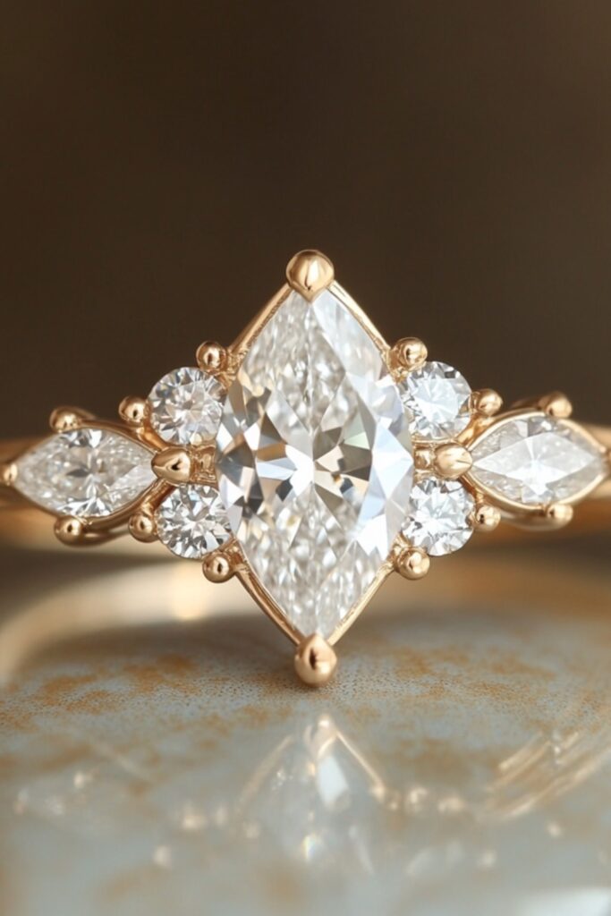 A stunning marquise engagement ring with an elongated shape, pointed ends, and accent stones, exuding elegance and brilliance in a bold yet romantic design..