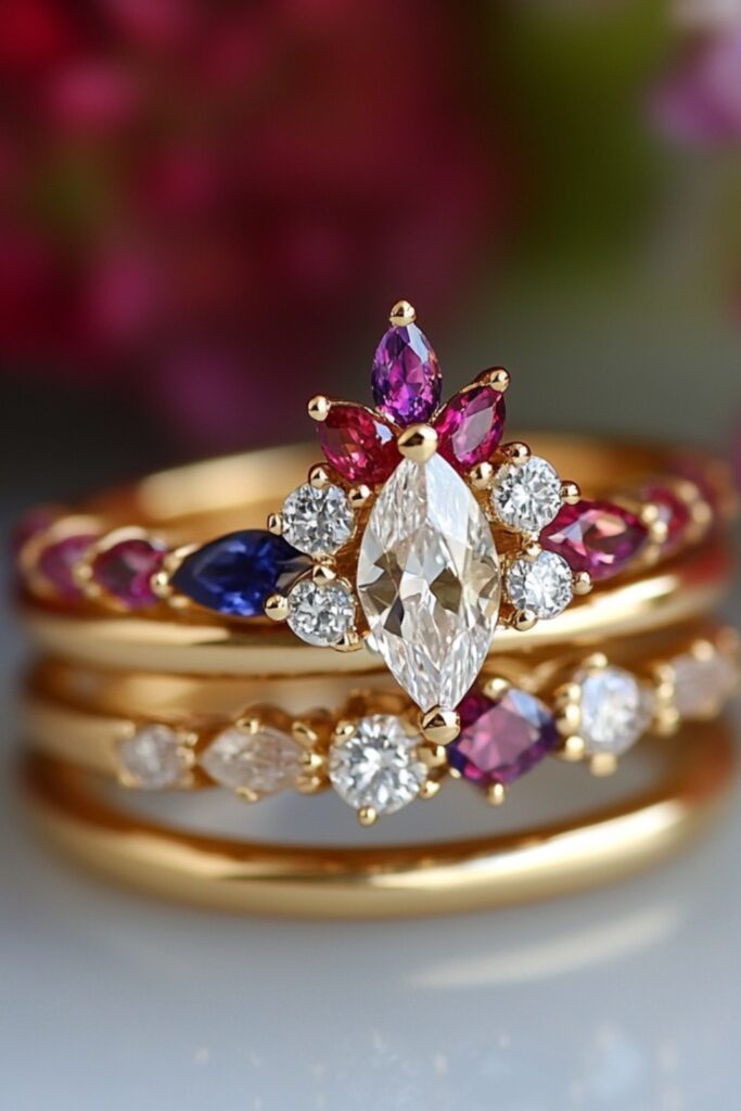 A marquise wedding stack adorned with colorful gemstone accents like sapphires and rubies, enhancing the diamond engagement ring’s brilliance.