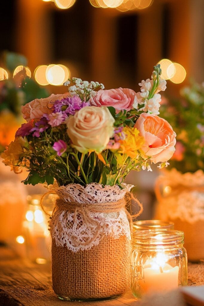 A collection of mason jars wrapped in burlap and lace, filled with colorful flowers and lit with soft fairy lights, creating a warm, rustic centerpiece.