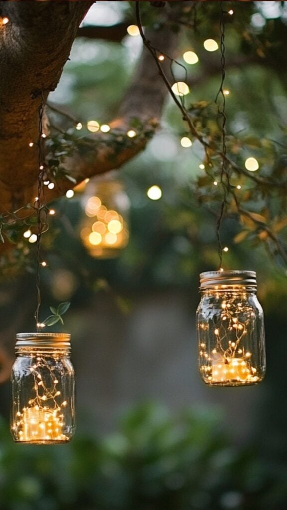 Mason jars filled with fairy lights hanging from tree branches, adding a touch of rustic charm and intimacy to an outdoor wedding.