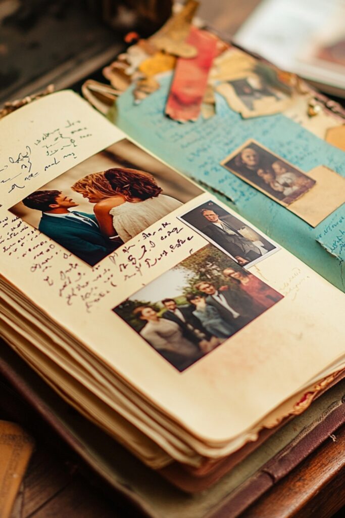 An open scrapbook filled with photos, handwritten notes, and colorful decorations, showing moments of a couple’s relationship.