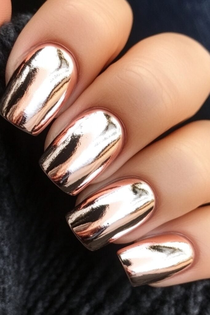 Metallic nails in rose gold and silver tones, with a mix of full metallic finishes and metallic tips paired with neutral bases.