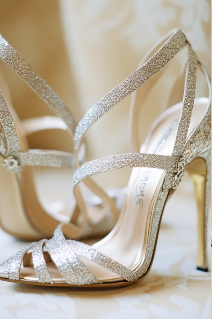 Shimmering metallic gold and silver wedding heels with strappy designs, adding modern glamour to a bridal ensemble.