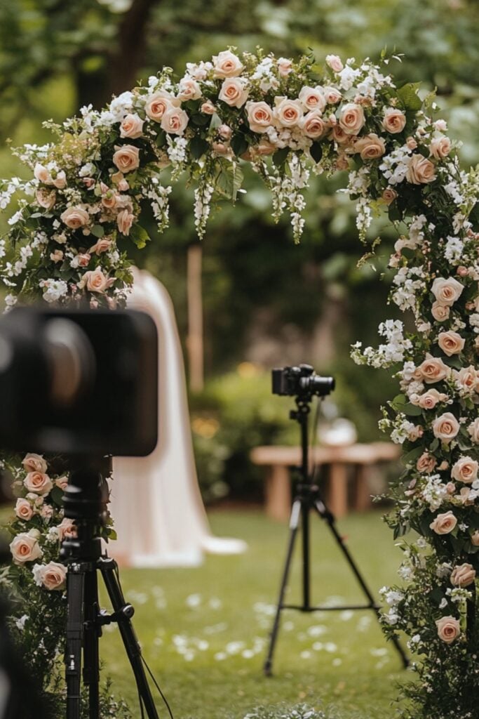 A small garden wedding with an elegantly decorated arch, a couple exchanging vows, and a camera set up for live streaming.