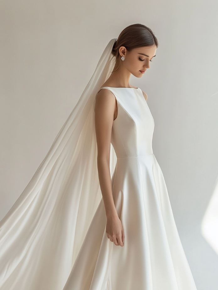 A minimalist wedding dress featuring a sleek silhouette, clean lines, and luxurious fabrics like satin and silk. The dress emphasizes simplicity and elegance, with subtle details like a square neckline and a long train, allowing the bride to accessorize with a veil or jewelry for a personalized touch.