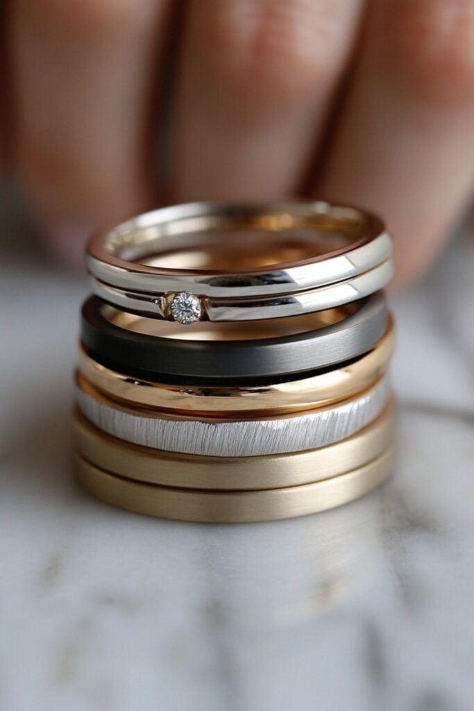 Sleek ring stack with thin, unadorned wedding bands in mixed metals and finishes like polished and matte, offering a clean and modern design.