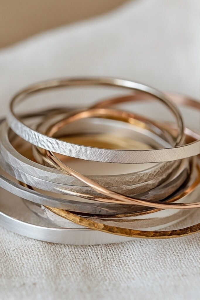 Thin, unadorned metal bands in varying textures—matte, polished, and hammered—stacked delicately for a chic, modern look on a simple linen background.