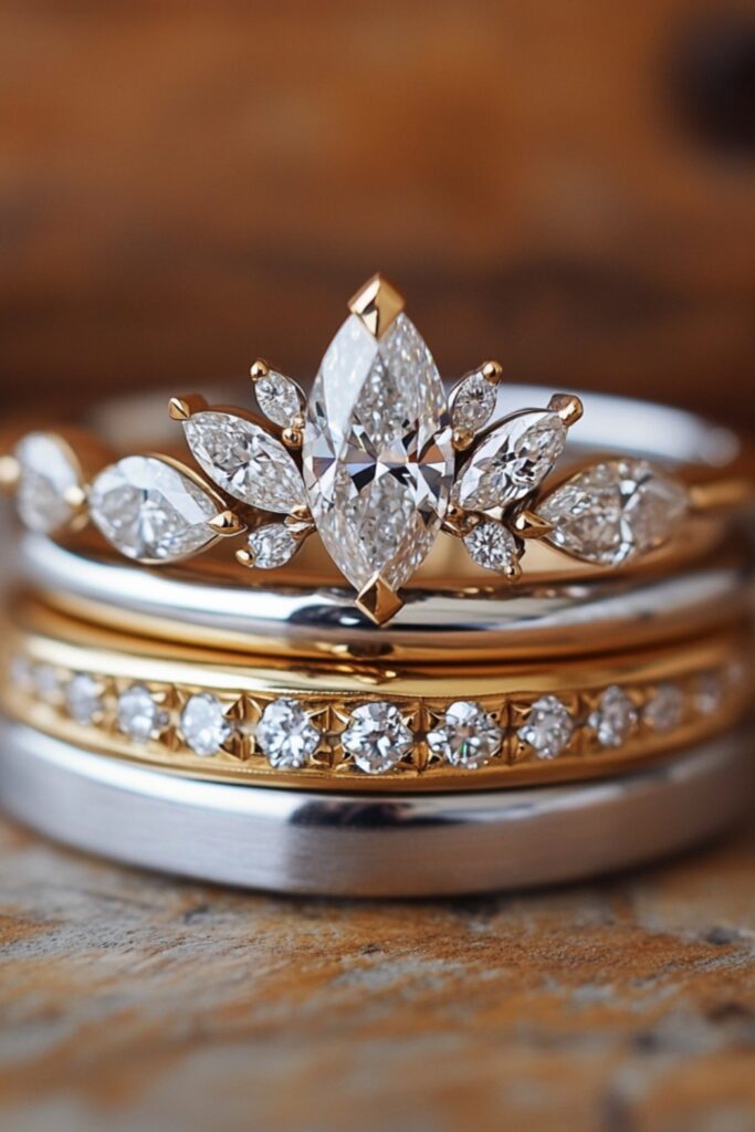 A mixed-metal marquise wedding stack combining yellow gold and platinum bands with a diamond-studded marquise engagement ring for a striking contrast.