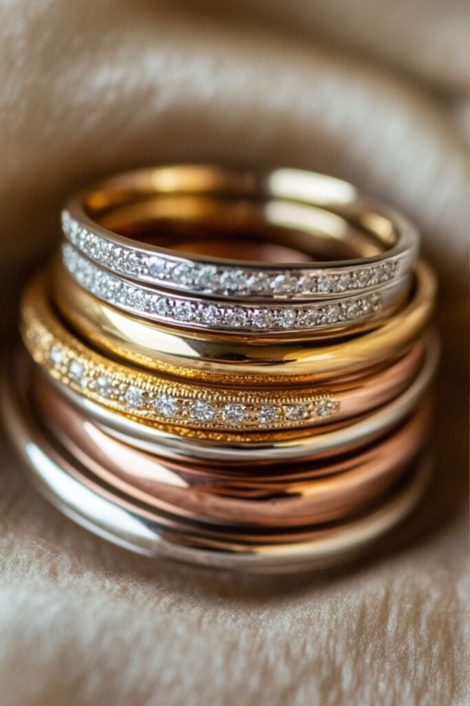 A vibrant stack of rings with rose gold, yellow gold, and white gold bands, showcasing a bold and modern interplay of contrasting metals.