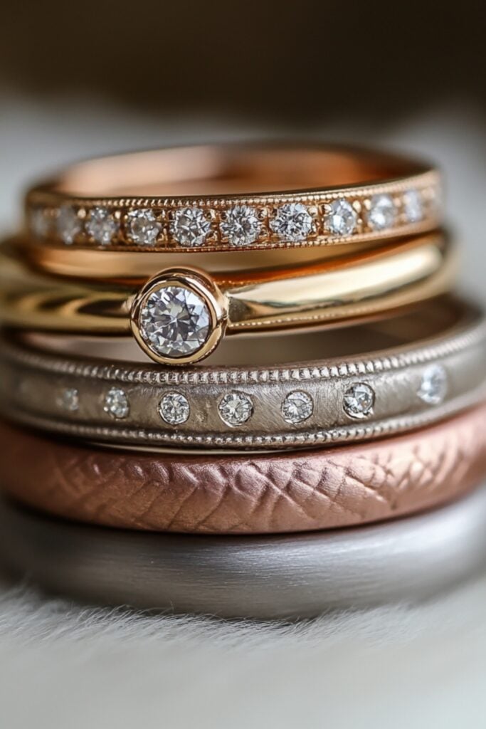 Wedding ring stack combining rose gold, yellow gold, and white gold bands with a variety of textures, including matte finishes, hammered details, and pavé diamonds.