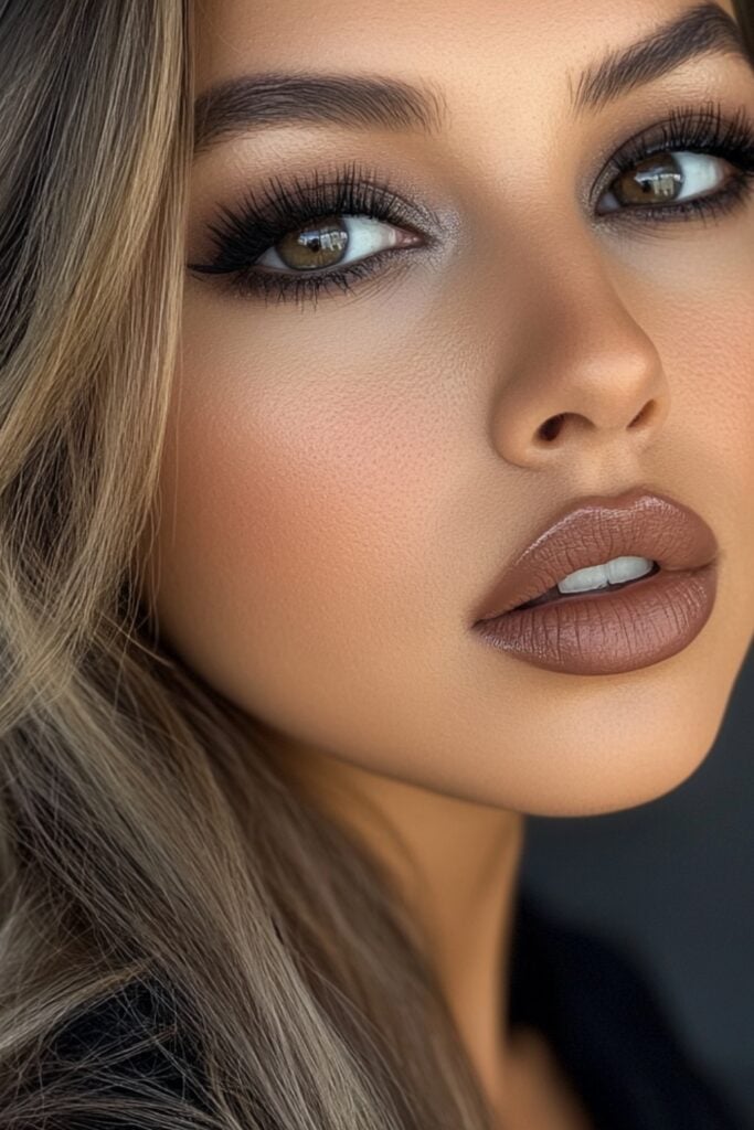 Close-up of a guest with a classic smoky eye, blending deep gray and black shades, paired with nude lips and lightly contoured cheeks, for a dramatic look.