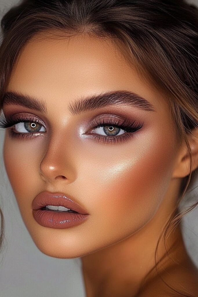 Image of a woman with cohesive mauve tones on her eyes, cheeks, and lips, wearing dewy skin makeup and a soft, seamless finish.
