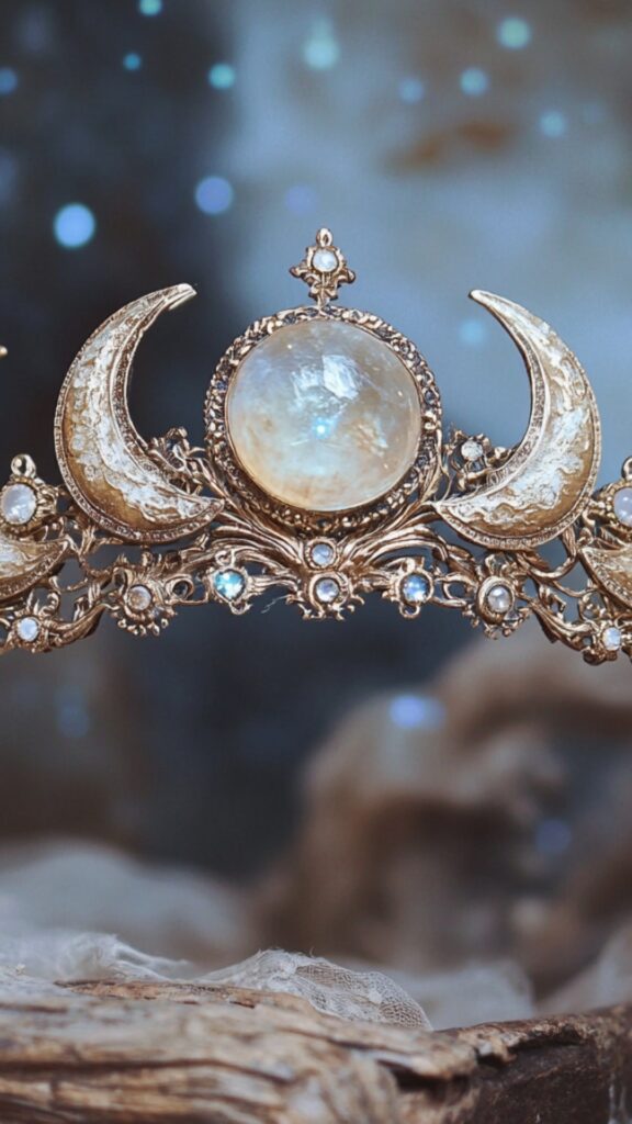 A celestial-inspired Viking bridal crown with crescent moon motifs and lunar designs, reflecting feminine energy and divine connection under a starlit sky.