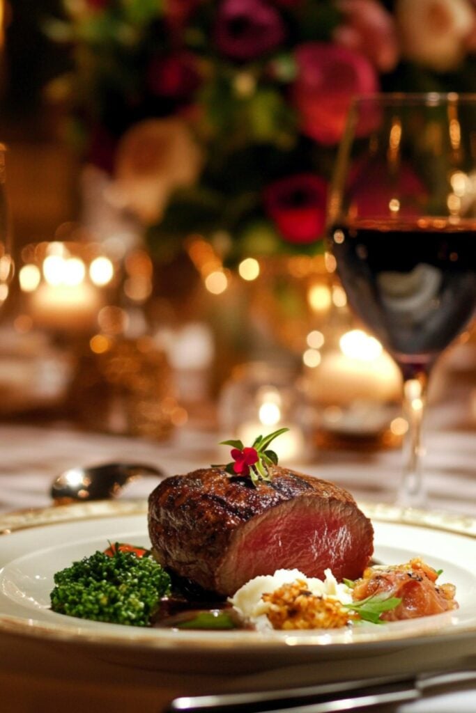 A formal wedding dinner featuring plated dishes like filet mignon and fine wine, served on elegant china.