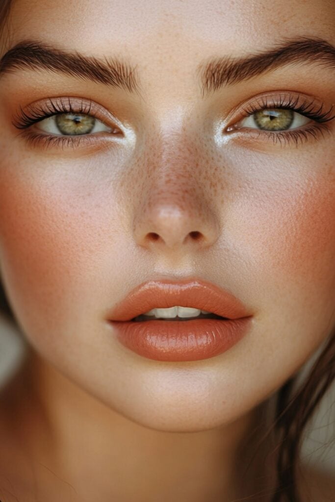 Image of a woman with glowing, natural makeup featuring peachy blush, subtle highlighter, brown mascara, and a coral lipstick, suited for an outdoor wedding.
