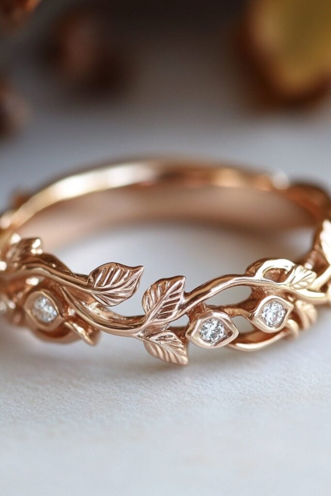 A nature-inspired wedding ring with a vine motif and small diamond accents, crafted in rose gold for a whimsical aesthetic.