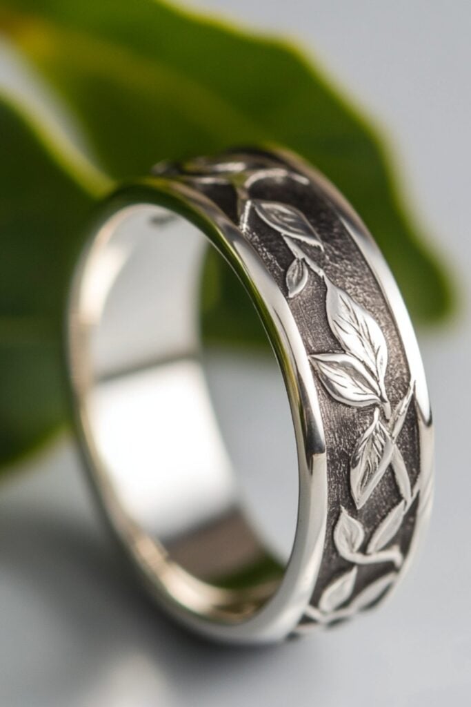 A silver wedding ring engraved with a vine pattern, embodying the beauty of nature and growth in love.