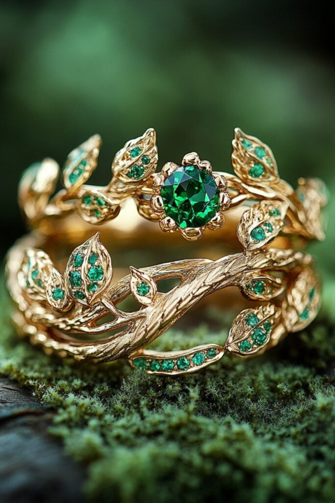 Rings with delicate vine and leaf motifs, paired with an emerald-studded band, capturing the essence of nature on a mossy surface.