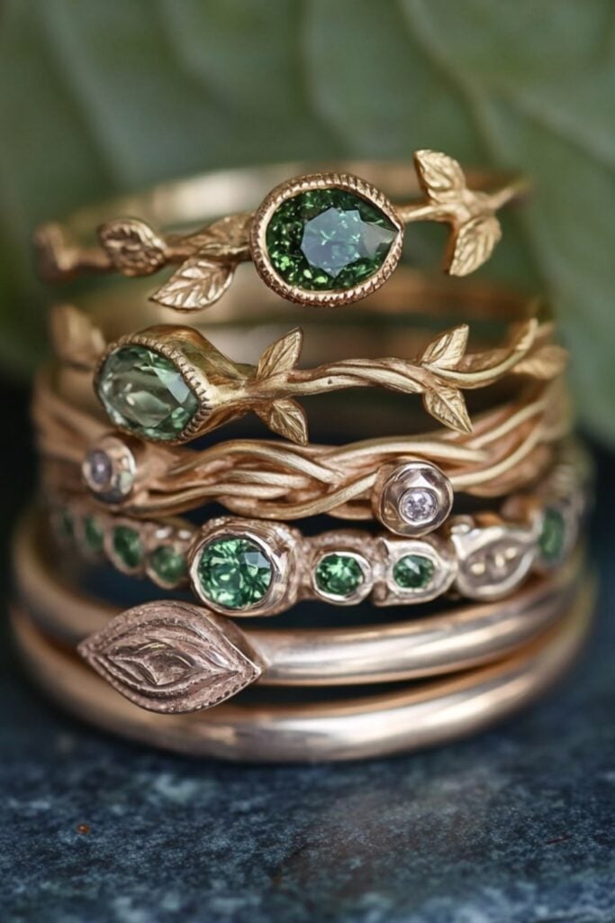 Whimsical ring stack featuring nature-inspired designs, such as vine and leaf motifs, paired with green sapphire accents and delicate organic details.