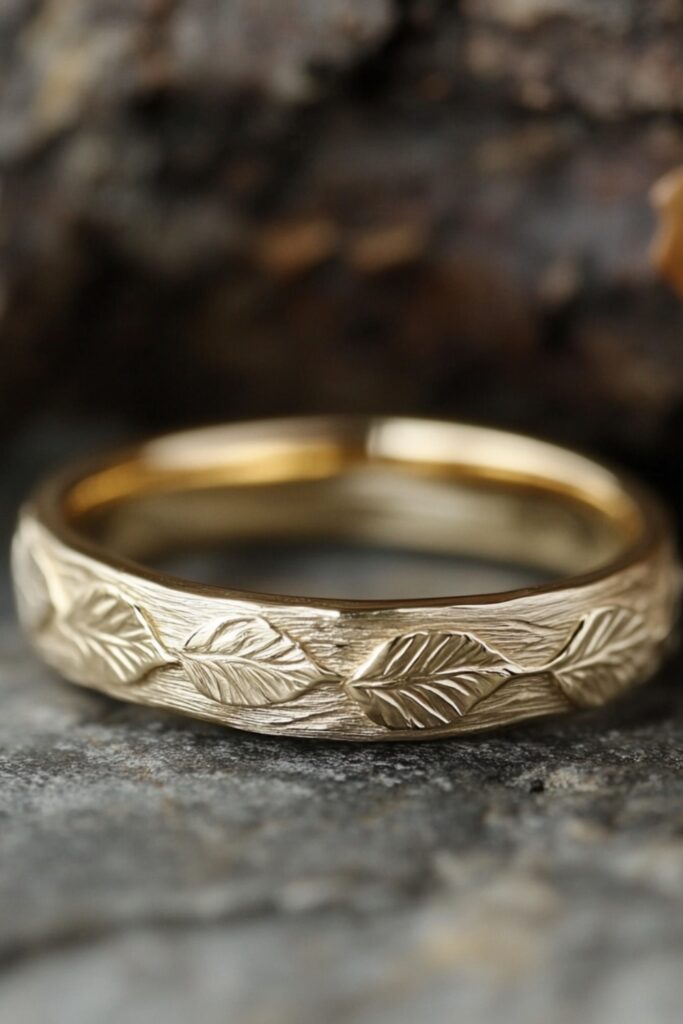 Nature-inspired wedding band with leaf engravings and a textured bark design in yellow gold.