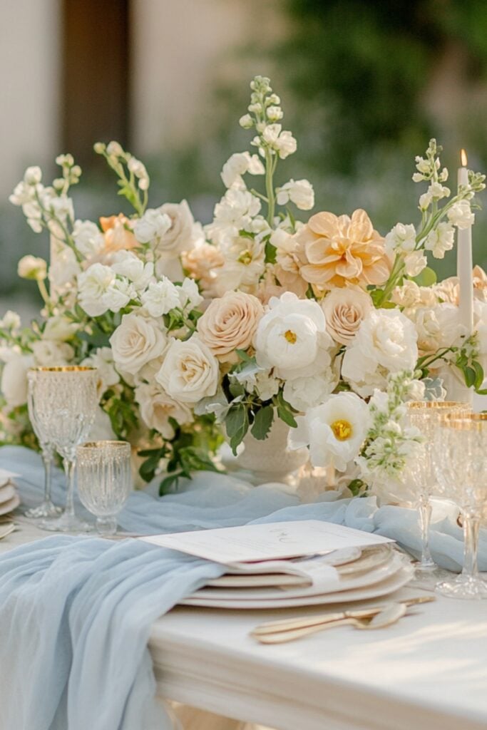 A wedding table featuring soft ivory linens, dusty blue accents, and neutral-colored florals with gold details, evoking subtle elegance.