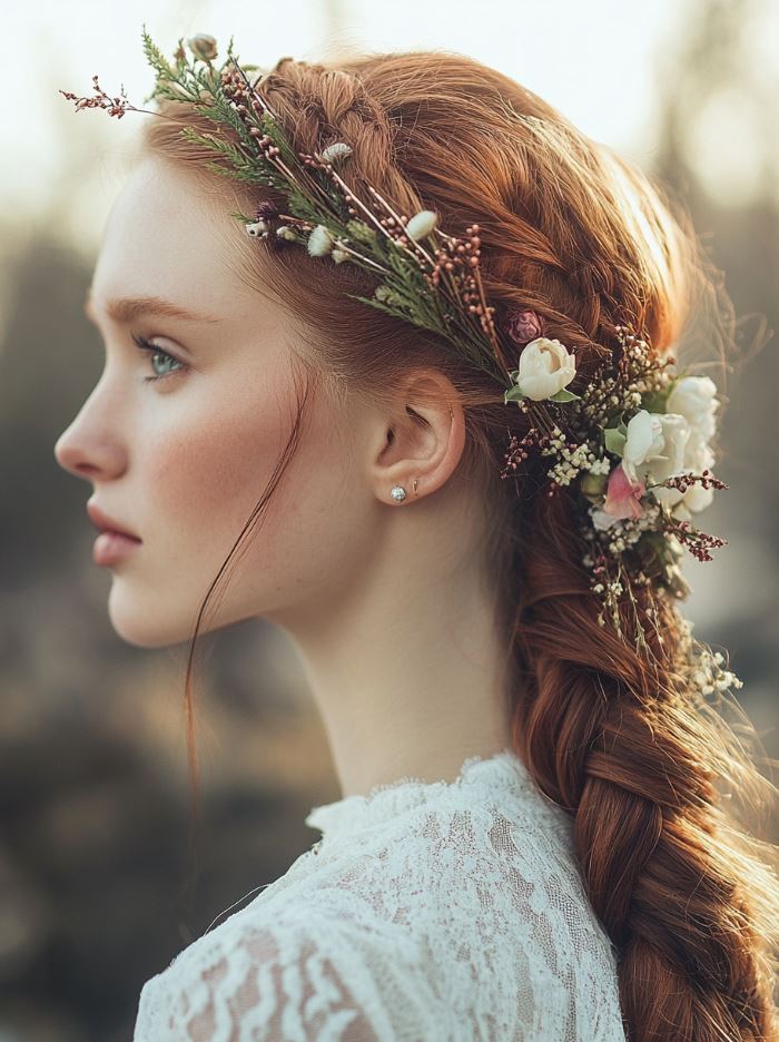 Viking-inspired bridal hair accessories like runic pins, beads, and floral crowns, enhancing traditional wedding hairstyles with Nordic symbolism and personal meaning.