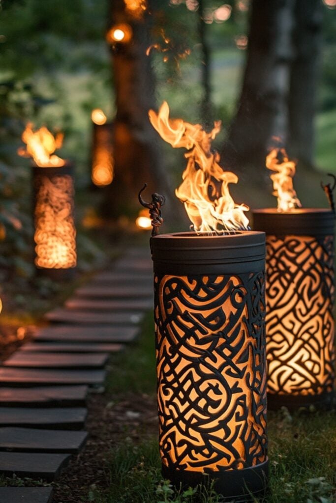 Nordic-inspired lanterns with runic carvings and torches illuminating a pathway, ideal for Viking wedding decor ideas.