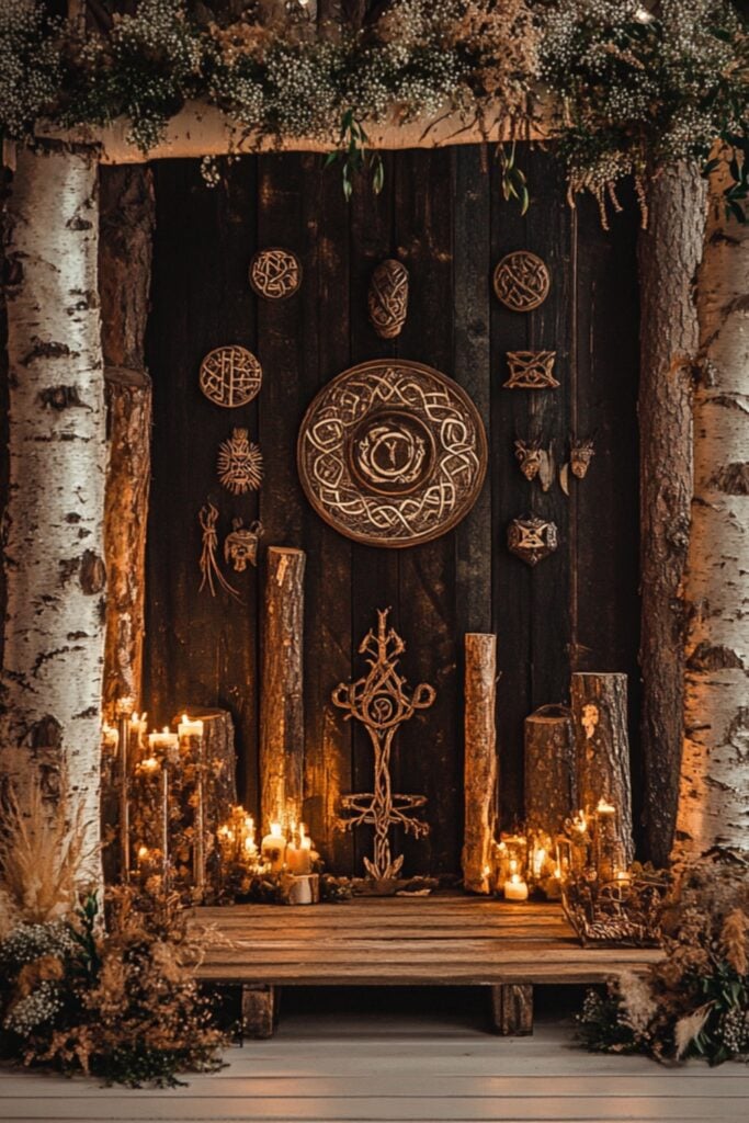 A Norse mythology-inspired altar featuring symbols of Odin and Thor, decorated with birch branches and runes, ideal for Viking wedding decor ideas.