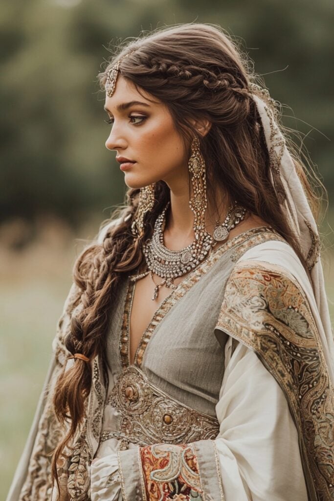 Image of a bride in a structured Norse-style tunic crafted from luxurious Indian silk, with paisley embroidery and Viking jewelry accents.