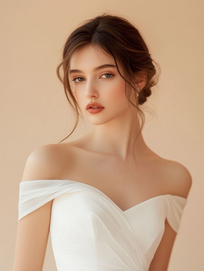 A bridal gown with an off-shoulder neckline, exposing the shoulders for a romantic, feminine look. The dress features elegant, draped or fitted sleeves, showcasing the bride's collarbones while offering a timeless and graceful appearance. This style is perfect for adding a delicate and classic touch while maintaining modern bridal charm.