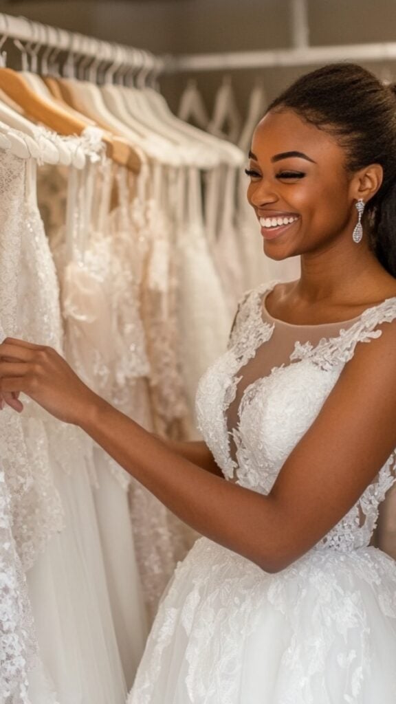 A bride browsing through off-the-rack wedding dresses at a bridal store, smiling as she picks her favorite.
