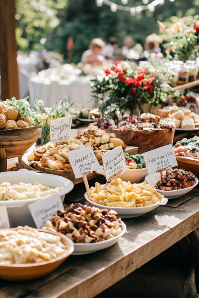 A potluck-style wedding buffet table with a variety of homemade dishes and desserts labeled with handwritten signs.