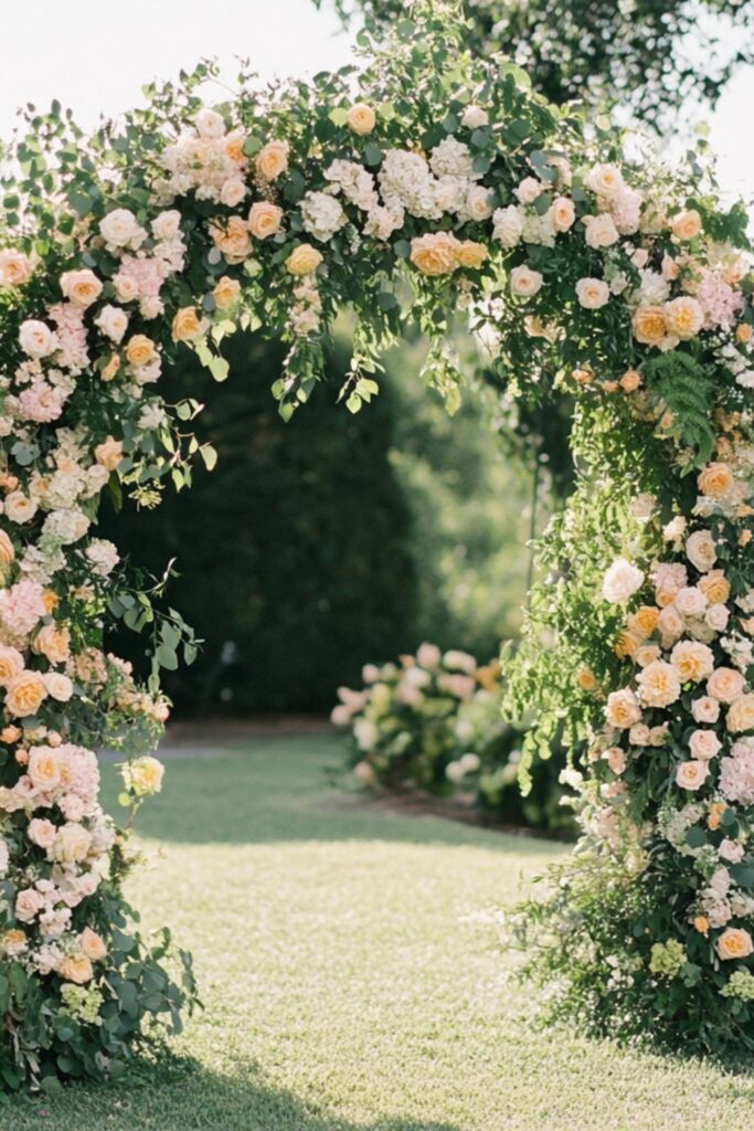 A picturesque outdoor wedding ceremony arch adorned with asymmetrical floral arrangements in pastel hues, trailing vines, and lush greenery.