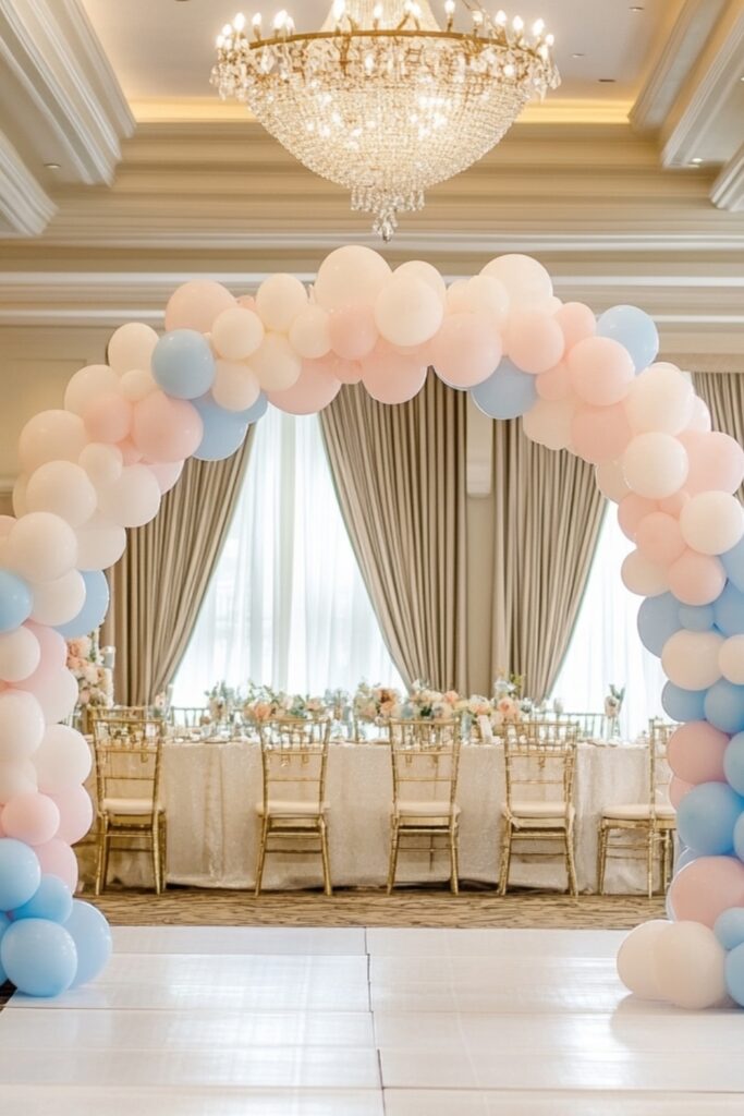Pastel balloon arches in blush pink and baby blue with metallic accents.
