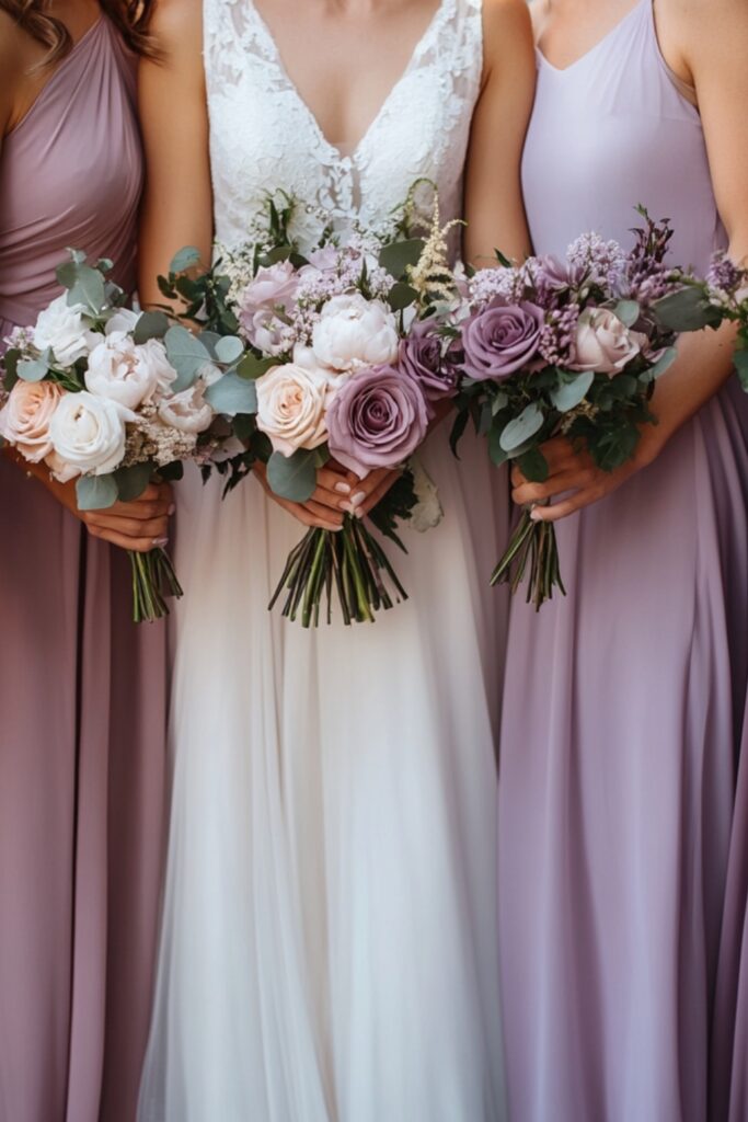 A group of bridesmaids wearing pastel dresses in shades like dusty rose and lilac, for added context.