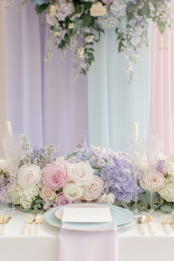 Wedding décor showcasing a pastel color palette with blush pink, lavender, mint green, and baby blue accents in bridesmaid dresses, floral arrangements, and table settings.