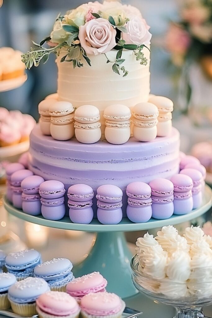 Pastel dessert table featuring macarons, cupcakes, and a multi-layered pastel wedding cake.