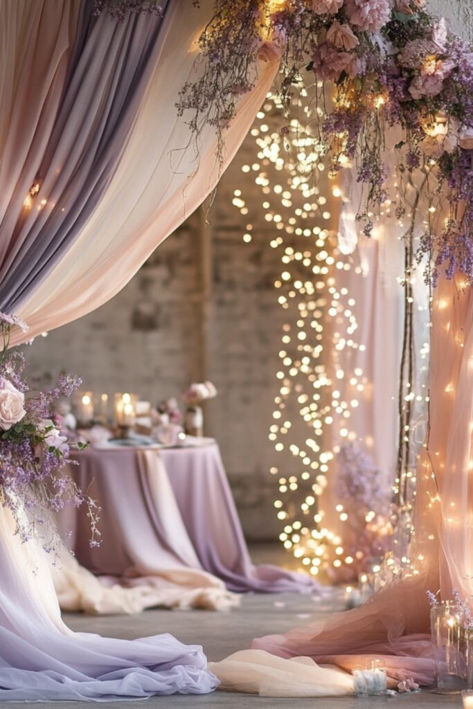 Flowing lavender and blush fabrics combined with fairy lights.