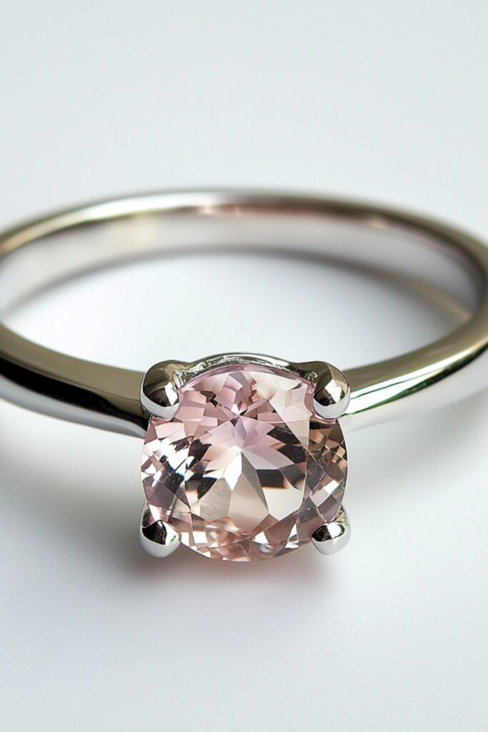 A pastel gemstone wedding ring with a soft pink morganite stone set in a delicate platinum band.